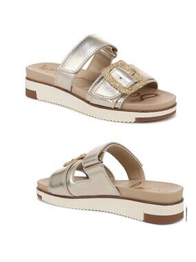 Sam Edelman Adrianna 2 Strap Sandals Jute Metallic Leather Gold Buckle Size 7